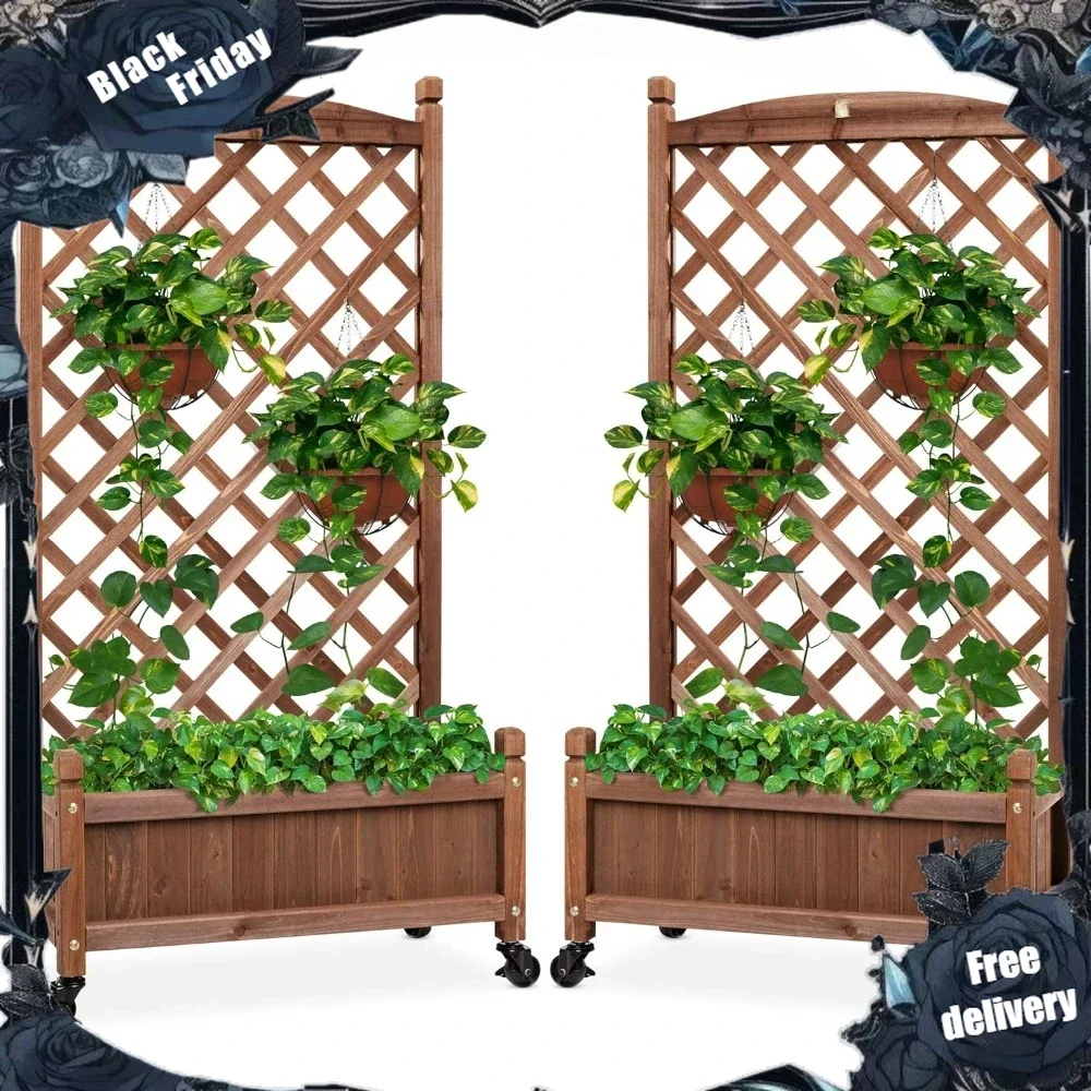 Set of 2 48in Wood Planter Box & Diamond Lattice Trellis, Mobile Outdoor Raised Garden Bed for Climbing Plants w/Drainage Holes