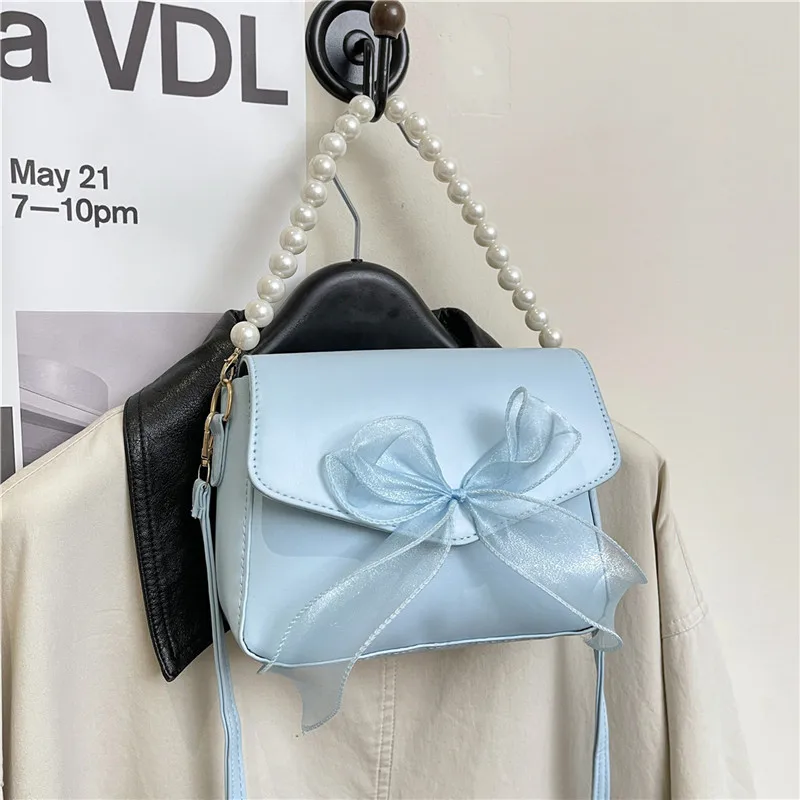 

Sweet Bowknot Pearl Strap PU Leather Women's Shoulder Bags Simple Solid Color Female Handbag Versatile Ladies Crossbody Bag