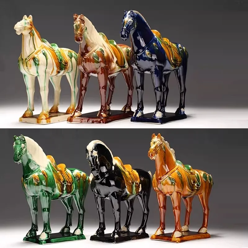 Chinese Tang Dynasty Tri-Color Glazed War Horse Porcelain Statue - Home Decorative Ceramics