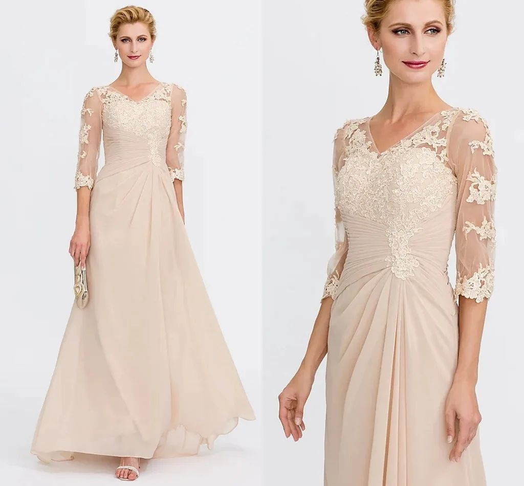 Champagne Mother of the Bride Dress See Through V Neck Floor Length Chiffon Sheer Lace Half Sleeve Party Gown Robe De Soiree