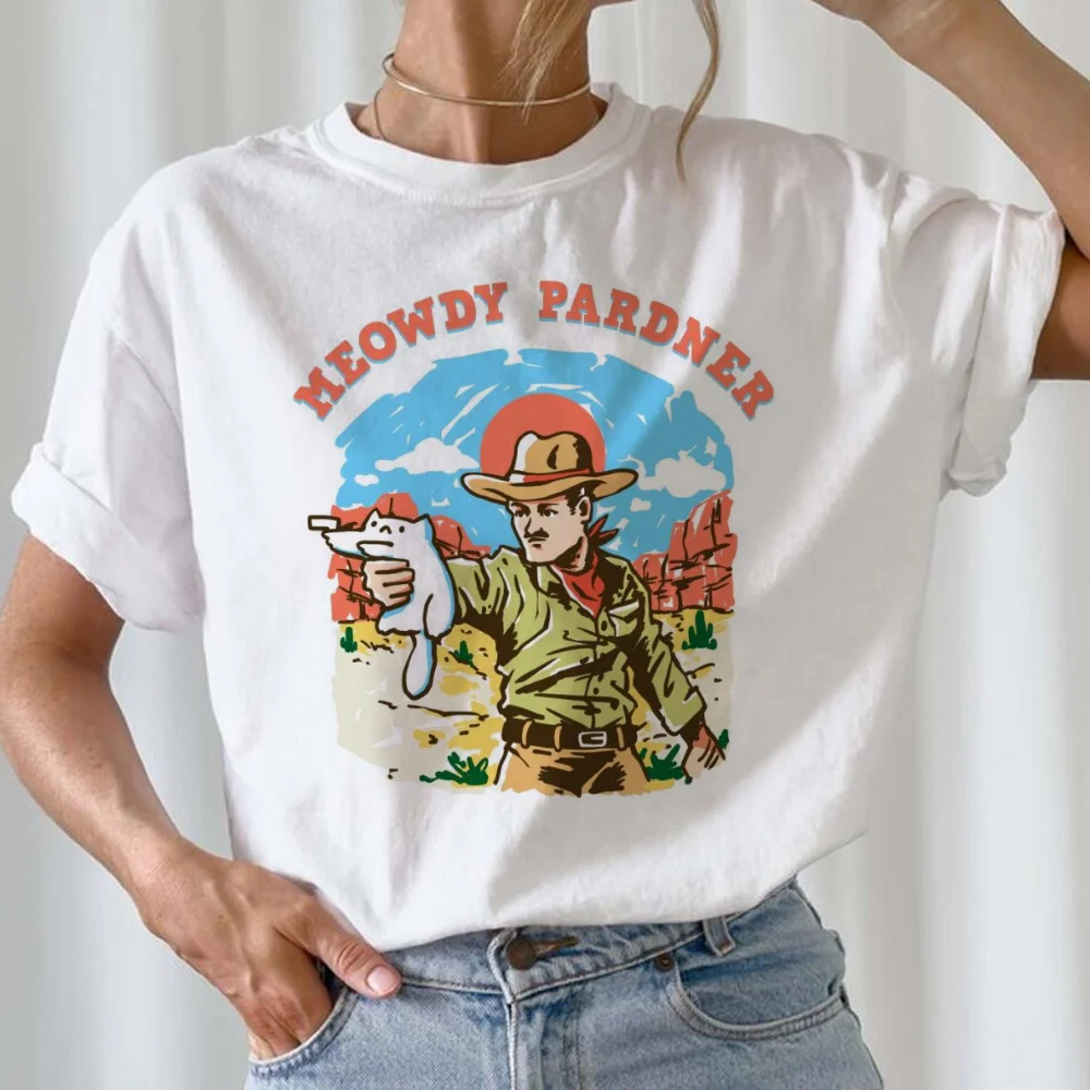 Camiseta informal holgada de manga corta con estampado de dibujos animados, Top básico con cuello redondo, ropa de moda con patrón de vaquero y gato