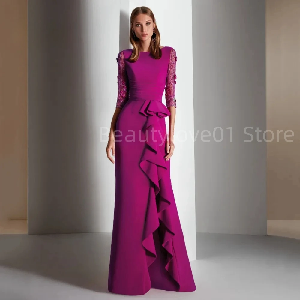 2023 Newest High Quality Exquisite Luxury Sequined Mermaid Beading Elegant Half Sleeves with Slit Fuchsia Evening Gown De Soriee