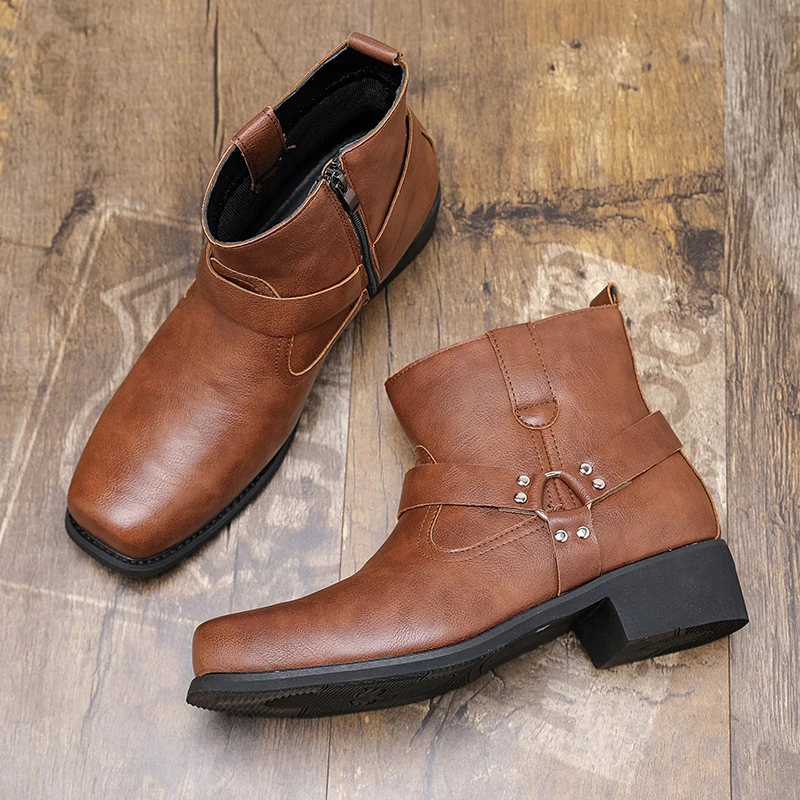 شتاء جديد الرجال عالية الجودة الأحذية الجلدية بني داكن الجانب سستة الرجال عادية مريحة ساحة الأصابع حذاء من الجلد الأحذية الاجتماعية الرجال #3