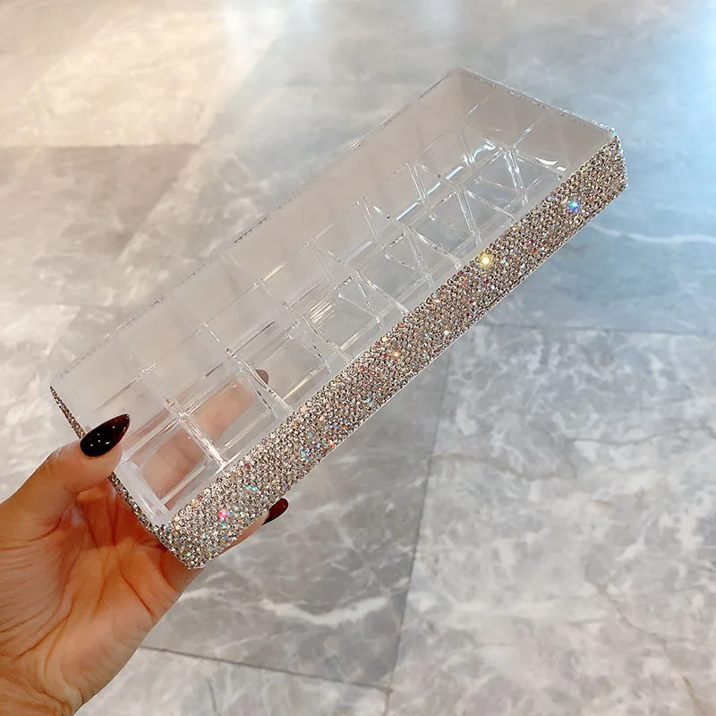 Desktop lipstick storage box luxury diamond-encrusted transparent multi-cell cosmetic storage display stand for household d