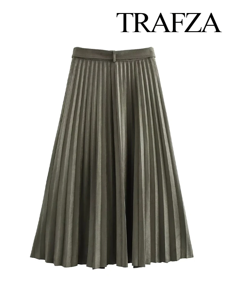 TRAFZA Women's New Fashion Versatile Suede Effect Midi Pleated Skirt Female Elegant Pleated Warm Ankle Length Casual Skirt Mujer