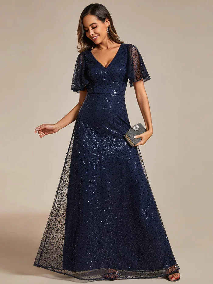 Ever Pretty 2024 Shimmering All Over Sequin V Neck Short Sleeves A-Line Formal Evening Dress