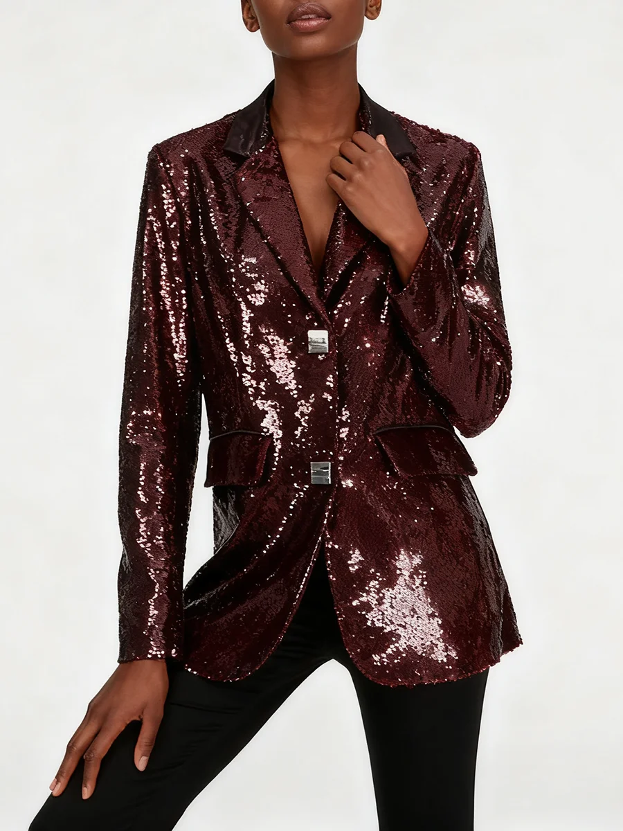 VGH الصلبة تصميم تحسس الترتر الحلل للنساء التلبيب كم طويل تقسم زر الخريف مزاجه السترات الإناث موضة جديدة