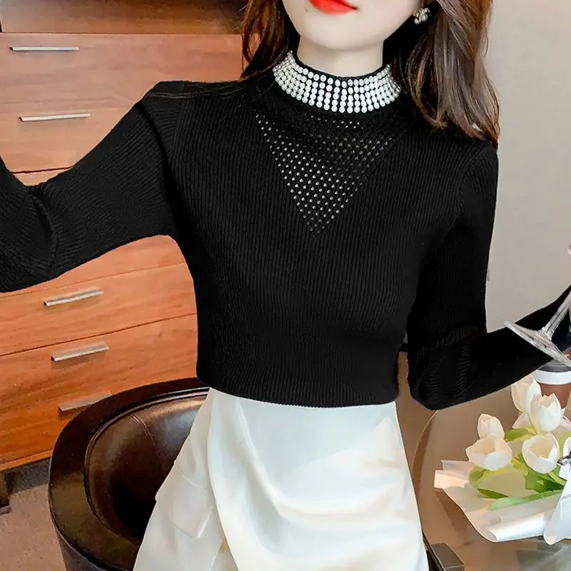 Fashion Stand Collar Spliced Hollow Out Diamonds Sweaters Women Clothing 2023 Autumn Winter Loose Korean Pullovers Casual Tops