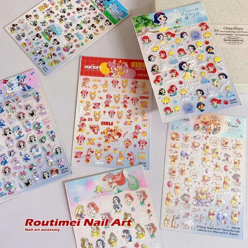 

Disney Kawaii Mickey Mouse Pooh Bear Nail Stickers Cartoon Mermaid Snow White Relief 3D Stickers Phone Case Decoration Gifts