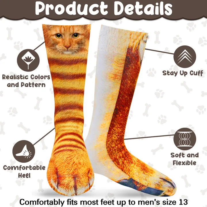 2 Pair Cat Dog Funny Animal Paw Socks Crazy Novelty,Claw Socks Christmas Stocking Stuffers 3D Newest Cat Dog Orange Paw Socks