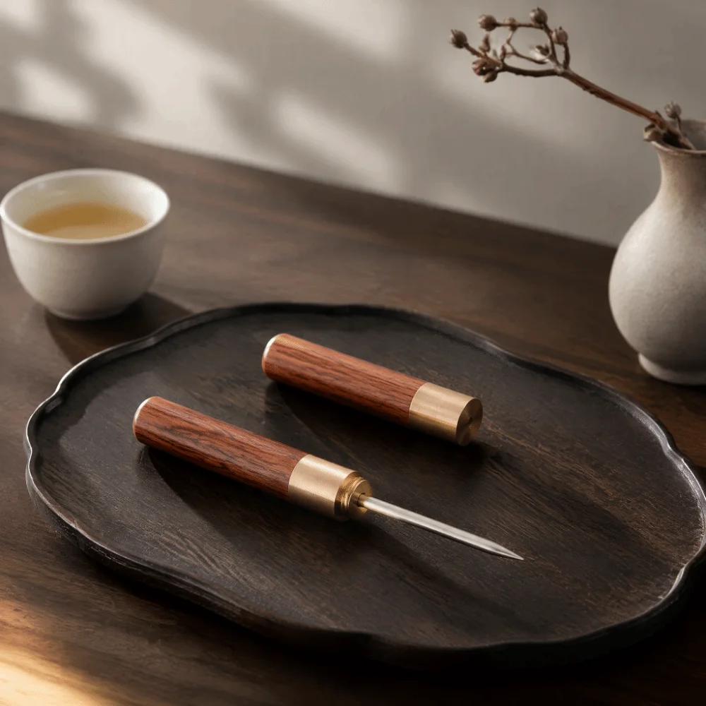 2 Pcs Set Rosewood Handle Tea Needle Knife Non-Slip Wood Handle Stainless Steel Tea Breaking Tool Protective Cover