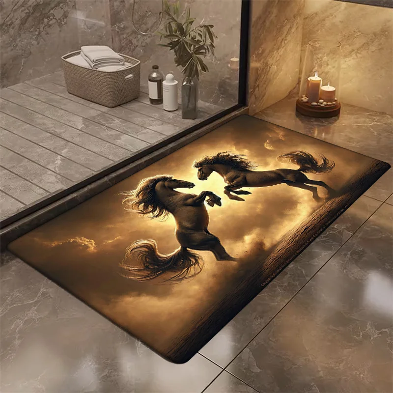 theme of two horses galloping Flannel-printed floor mats has a non-slip function is suitable entrances bathroom welcome carpets