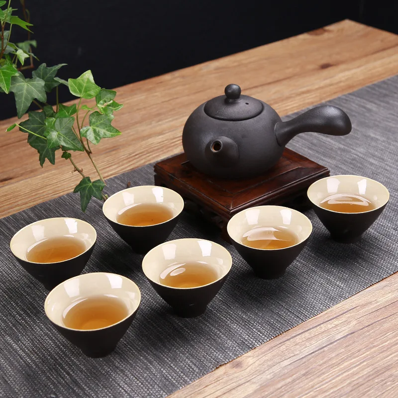 7Pcs Handmade Ceramic Matte Solid Color Chinese KungFu Tea Set Nordic Simple Coffee Pot&Cup Teapot&Cup With Anti Scalding Handle