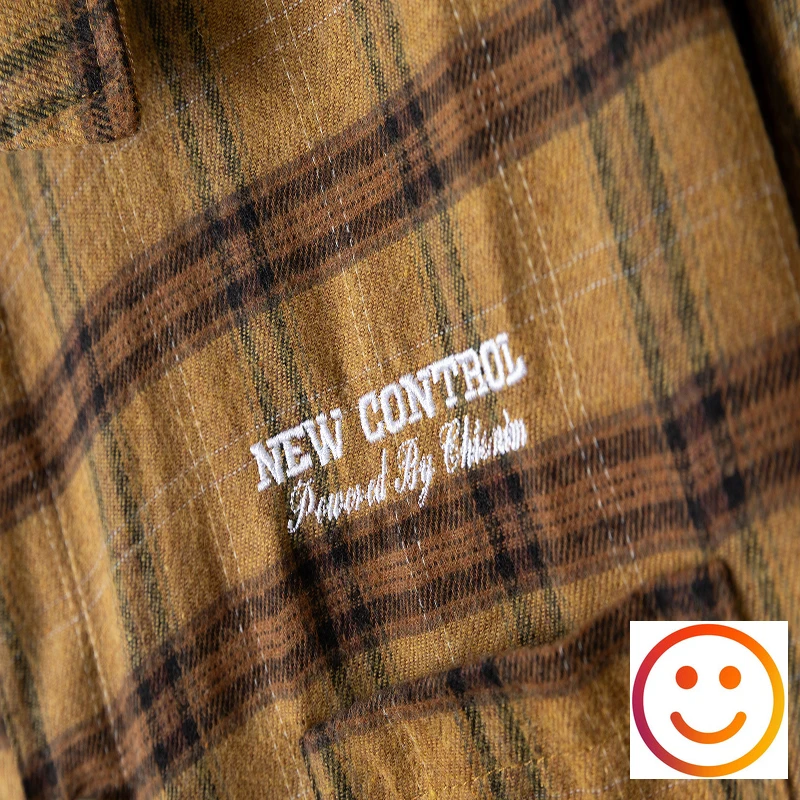 Autumn Trendy Fashion Embroidery Letter Pockets Plaid Shirt Men Women Loose Brushed Clothing Stripe Plaid Retro Casual Shirt Top