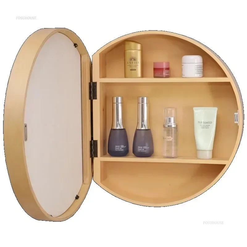 Smart Bathroom Mirror Cabinet Solid Wood Bathroom Wall Hanging Round Vanity Mirrors With Storage