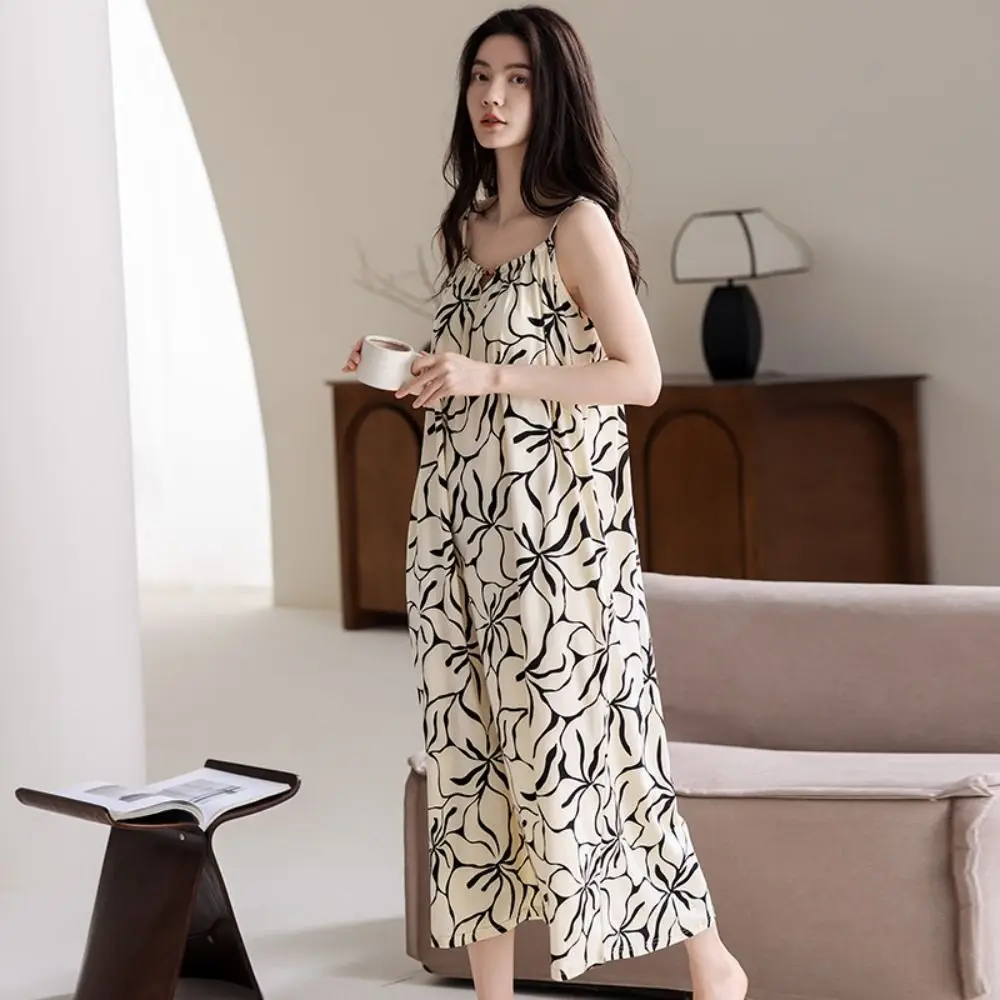High Waist Modal Women's Pajama Dress Ruffle Flower Suspender Nightdress Loose Sleeveless Sling Nightgown with Pads Summer