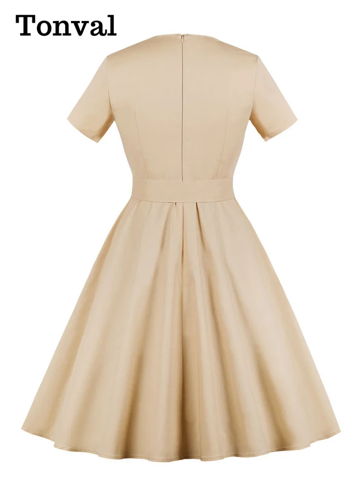 Tonval Pinup Women Square Collar Button Front Belted 50s Rockabilly Dress Short Sleeve Pocket Elegant Solid Vintage Dresses