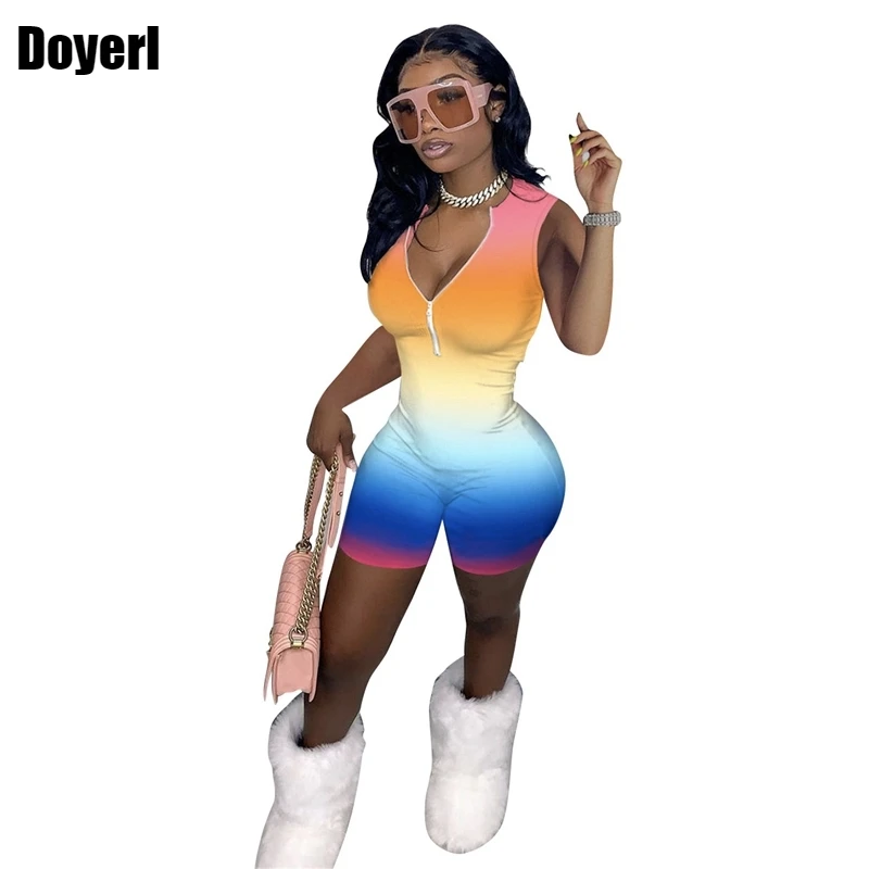 

Tie Dye Bodycon Rompers Womens Jumpsuit Shorts Summer Party Club Workout Biker Shorts Rompers Playsuits Zipper Skinny Jumpsuits