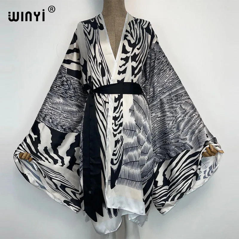 

WINYI elegant beach Bikini Sweet Lady Boho colour Print Self Belted Front Open Long Kimono Beach Tunic Women Wrap Dresses kaftan