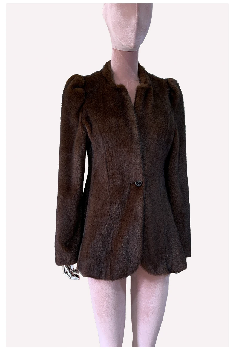 Nerazzurri Winter Short Brown Thick Warm Soft Fitted Faux Mink Fur Coat Women Single Button Elegant Luxury Chic Fluffy Jacket