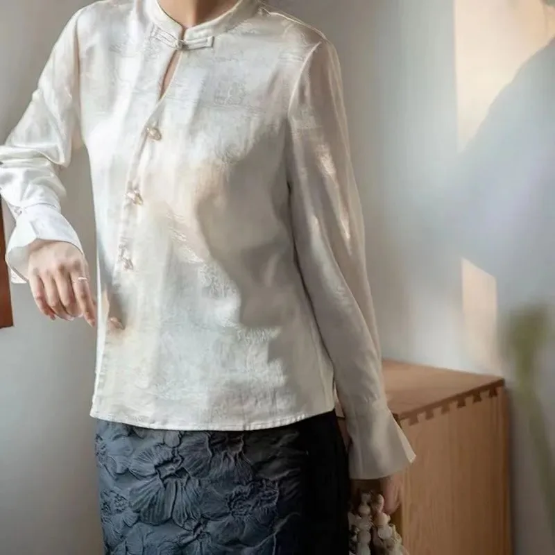 Women's Cheongsam Blouse Mandarin Collar Frog Button Silk Chinese Style Top