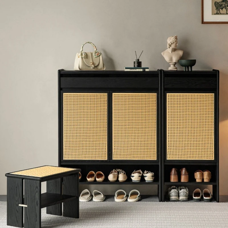 

Fujino shoe cabinet Solid wood entry porch cabinet Home door storage Rattan shoe rack with stool combination