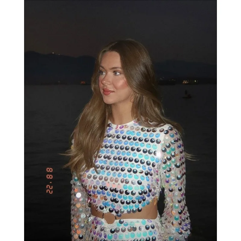Vestido corto Irregular con lentejuelas y manga acampanada para mujer, minivestido Sexy con cuello redondo, Color liso, primavera y verano, 2024
