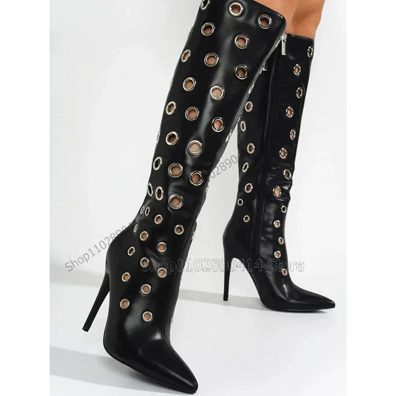 

Black White Hollow Design Knee High Pointed Toe Boots Side Zipper Women Shoes Fashion Sexy Party Runway 2023 Zapatos Para Mujere