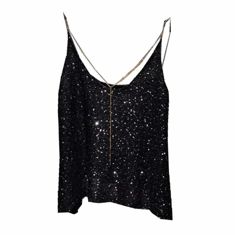 Summer thin shoulder strap sequined V-neck suspender vest metal chain pendant sexy back top wear bottoming shirt women