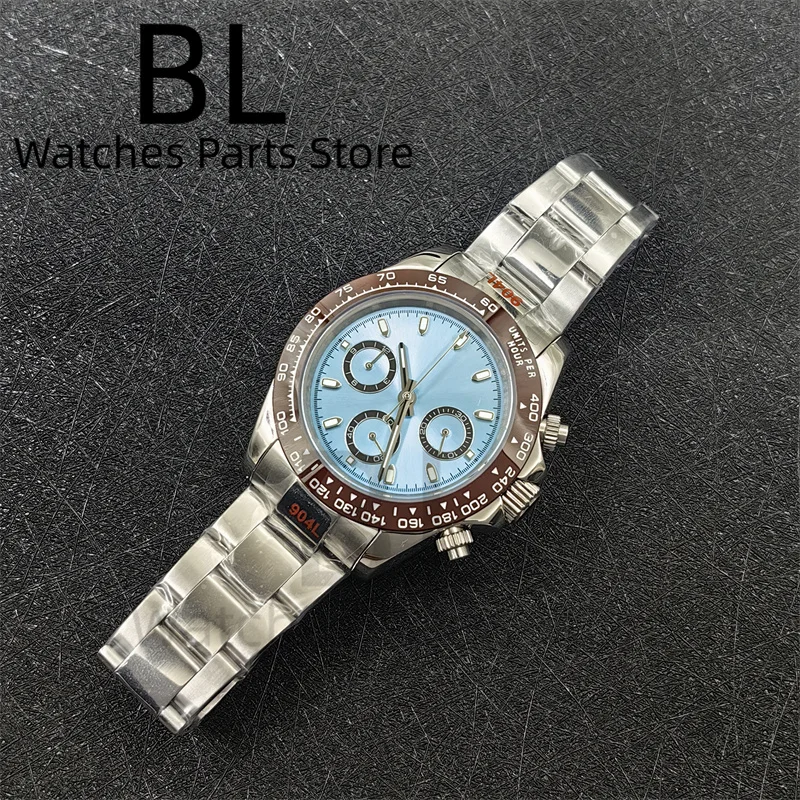 BLIGER 39 mm VK63 heren quartz chronograaf horloge keramiek bruin inzetstuk ijsblauwe wijzerplaat met C3 lichtgevend saffierkristal waterdicht