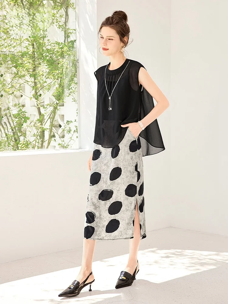 

Ele Two-Piece Set Summer New round Ne Svel Outer irt Matching Polka Dot Strap Dr Faionable Ensemble