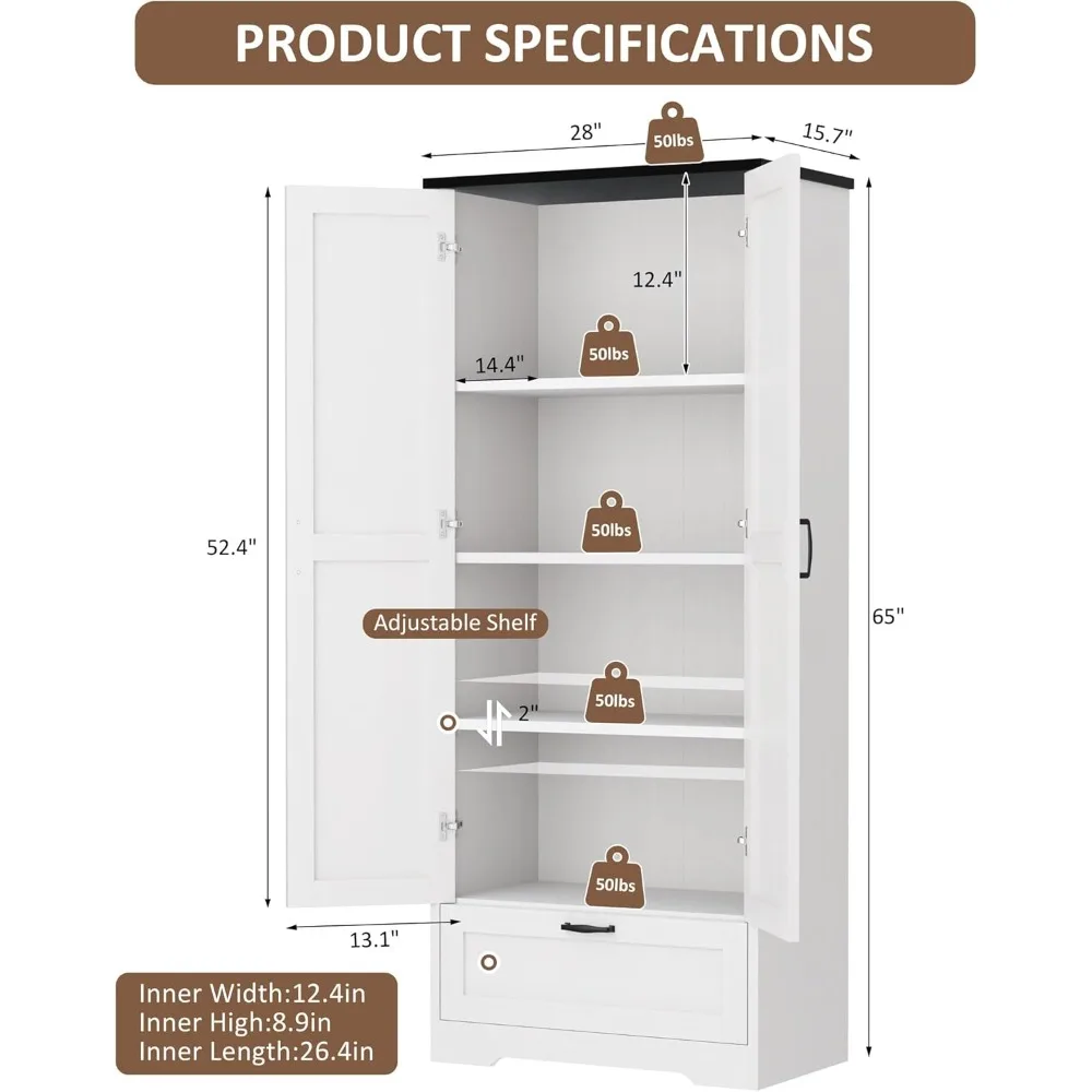 خزانة تخزين مخزن المطبخ مع أبواب الحظيرة، ودرج وأرفف قابلة للتعديل، وخزانة خزانة خشبية ريفية طويلة من 4 طبقات للمطبخ #2