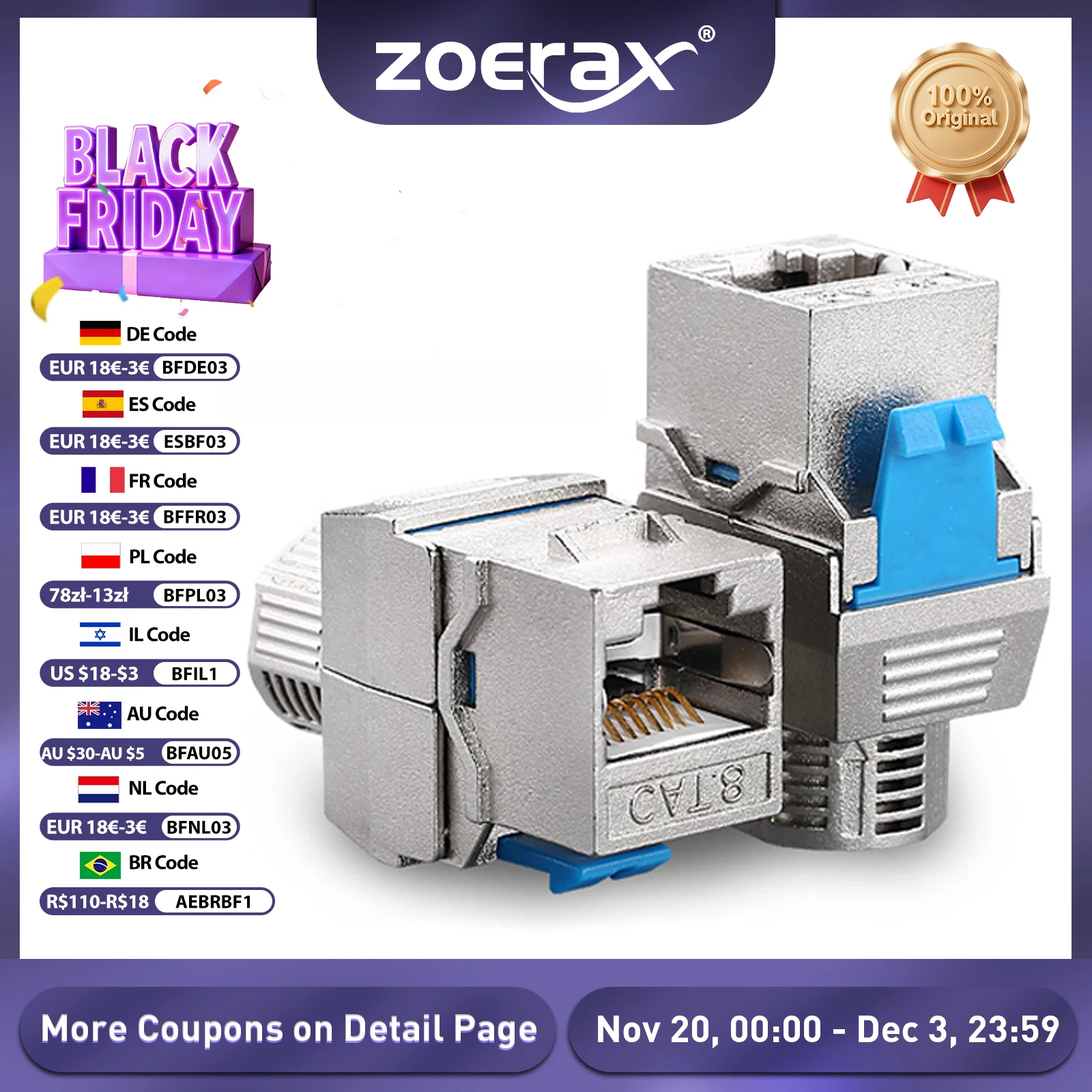 ZoeRax Cat6a Cat7 Cat8 Keystone Jack, RJ45 STP Tool-Less Type Zinc Alloy Module Shielded Keystone Jack Adapter 40 Gigabit