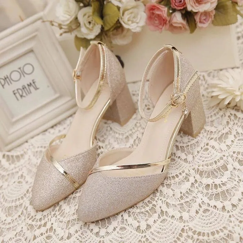 Women's Glitter Chunky Block Heel Pumps Ankle Strap with Rhinestone, Closed Pointed Toe Dress Shoes for Wedding Bridesmaid Party view 5