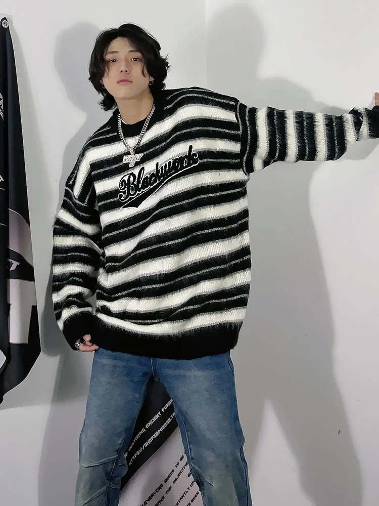 2023 American stripe round neck loose sweater for men sweaters pullover and women Oversize simple knitwear Couple coat sweter