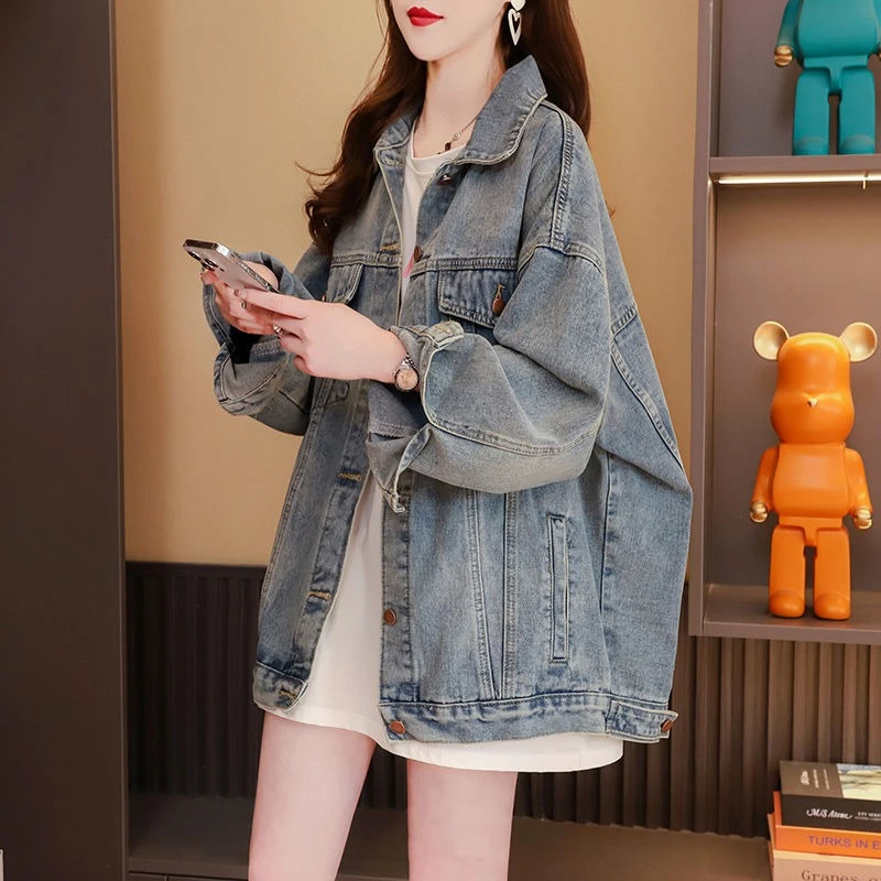 

Women's Back Letter Print Denim Jacket 2025 New Slouchy Style Loose Fit Mid Length Korean Casual Spring Autumn All Match Top