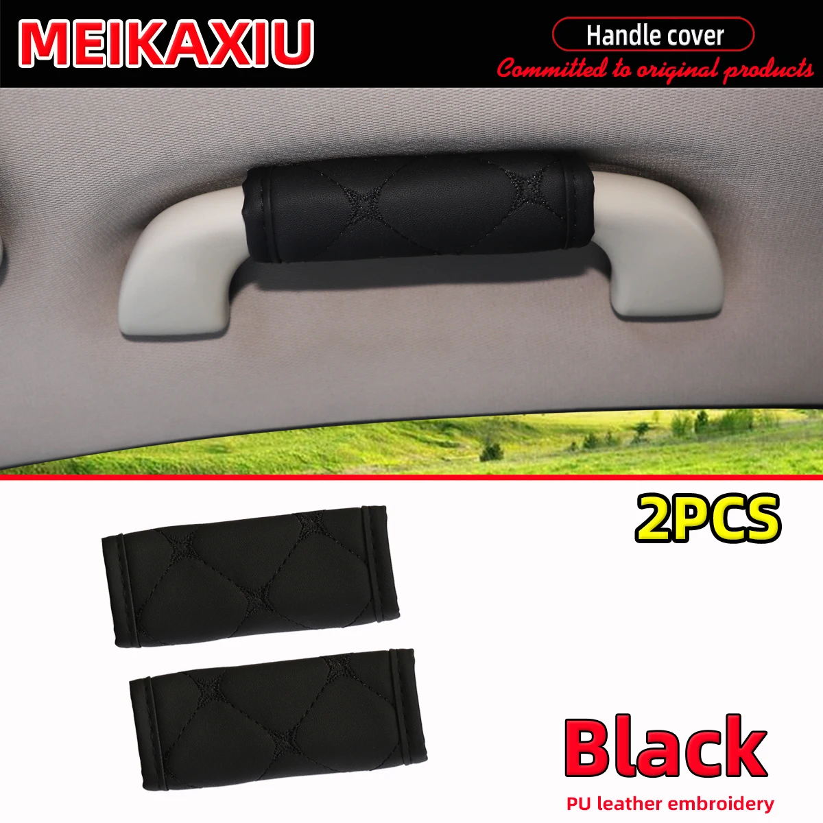 Pair of Checkered Leather-Covered Embroidered Car Interior Handle Protection Covers Automotive Accessory for Universal Fit