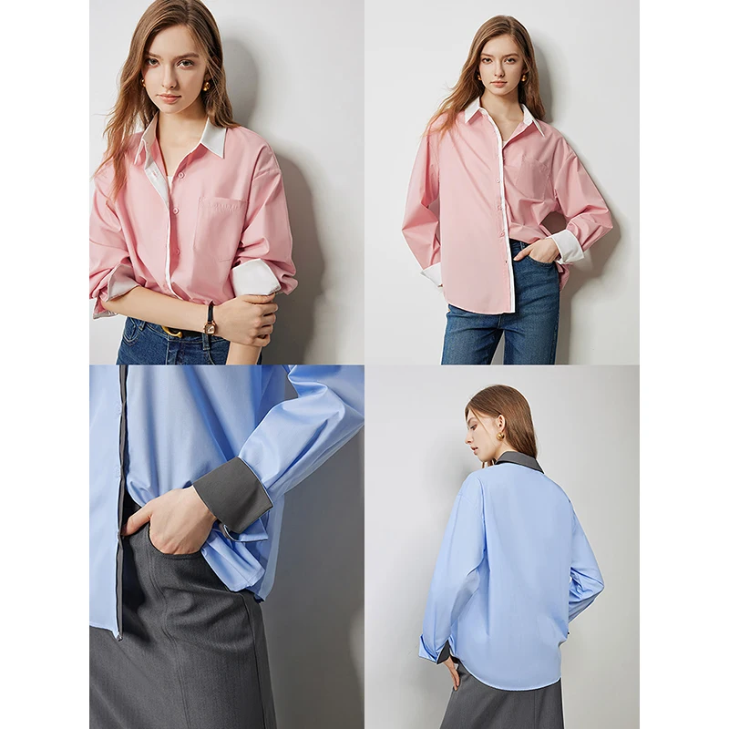 TOYOUTH Women Shirts 2024 Autumn New Long Sleeve Polo Neck Loose Blouse Color Blocking Splicing French Elegant Three Colors Tops