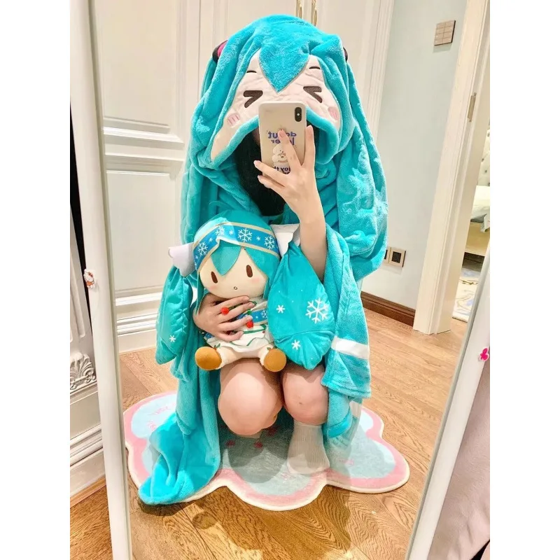 Anime Hatsune Miku Cartoon Kawaii Multifunctional Warm Hooded Shawl Nap Blanket Air Conditioning Blanket Cute Soft Warm Cloak