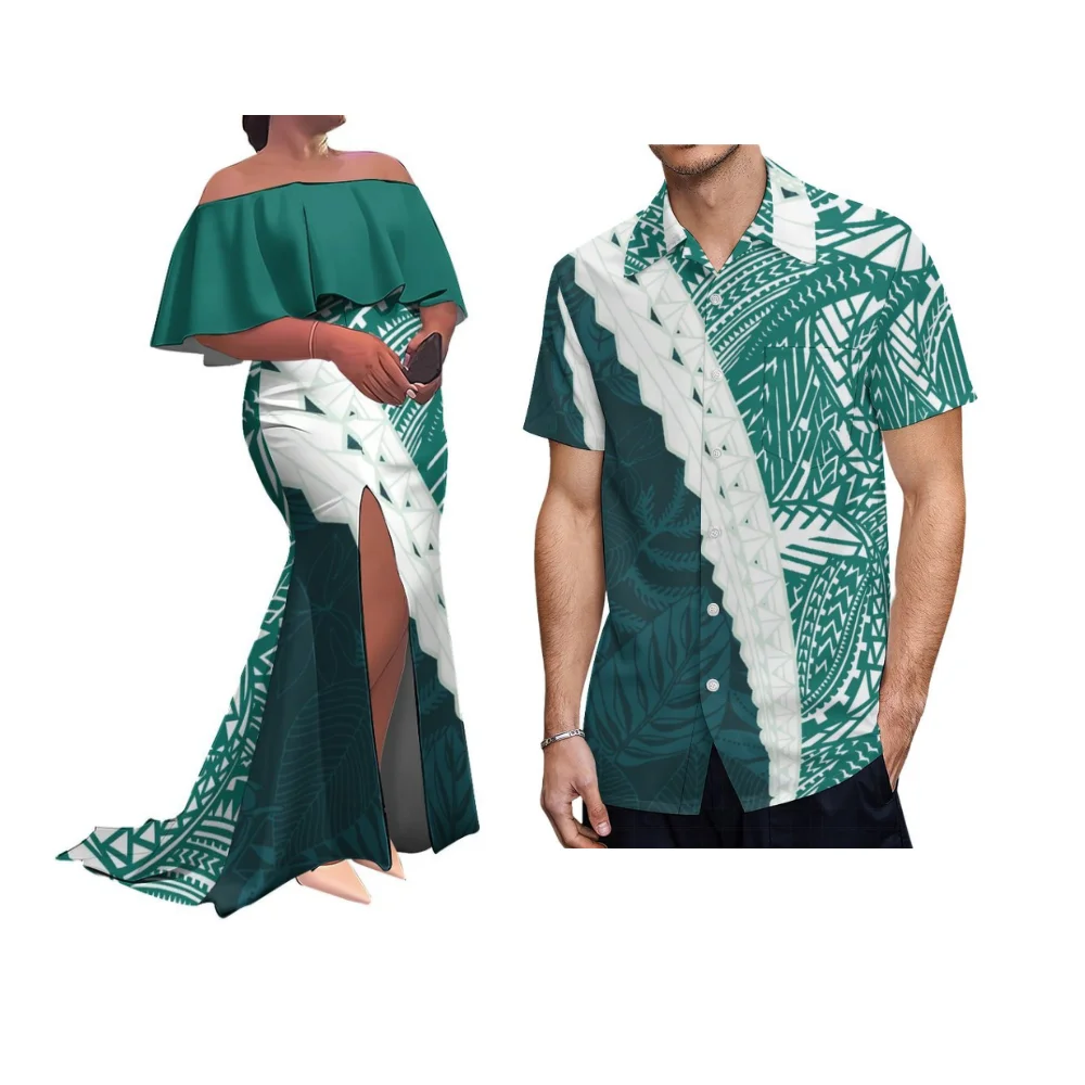Elegant Polynesian Lady'S Floor-Length Dress With Ruffled Collar And Slit Design Customized Floral Print Couple'S Outfit