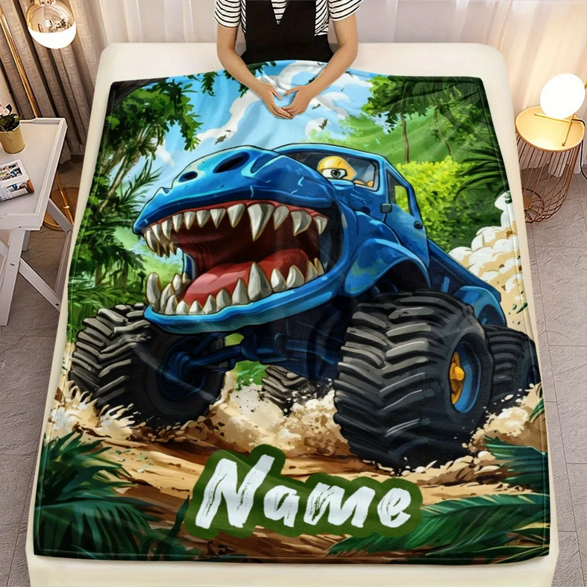 Personalized Blue Dinosaur Monster Truck Off‑Road Jungle Pattern Flannel Blanket Cozy Plush Bed Cover Portable Travel Blanket