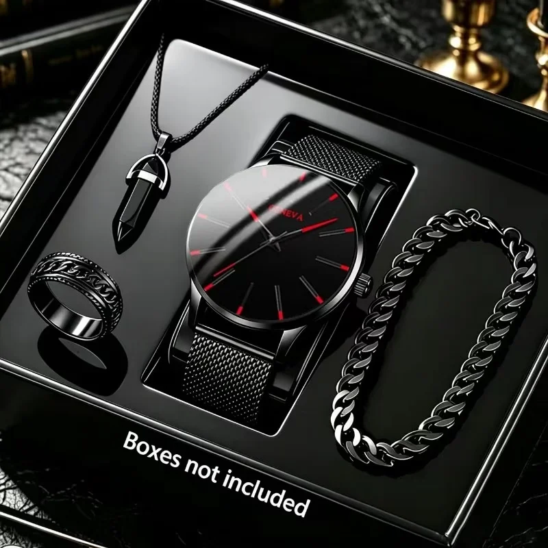 4Pcs Luxury Men's Watch and Accessory Set, Business Casual Watch, Stylish Round Dial, Classic Strap, Perfect Gift for Father's Day, Birthdays, Ramadan, Anniversaries, and Everyday Wear