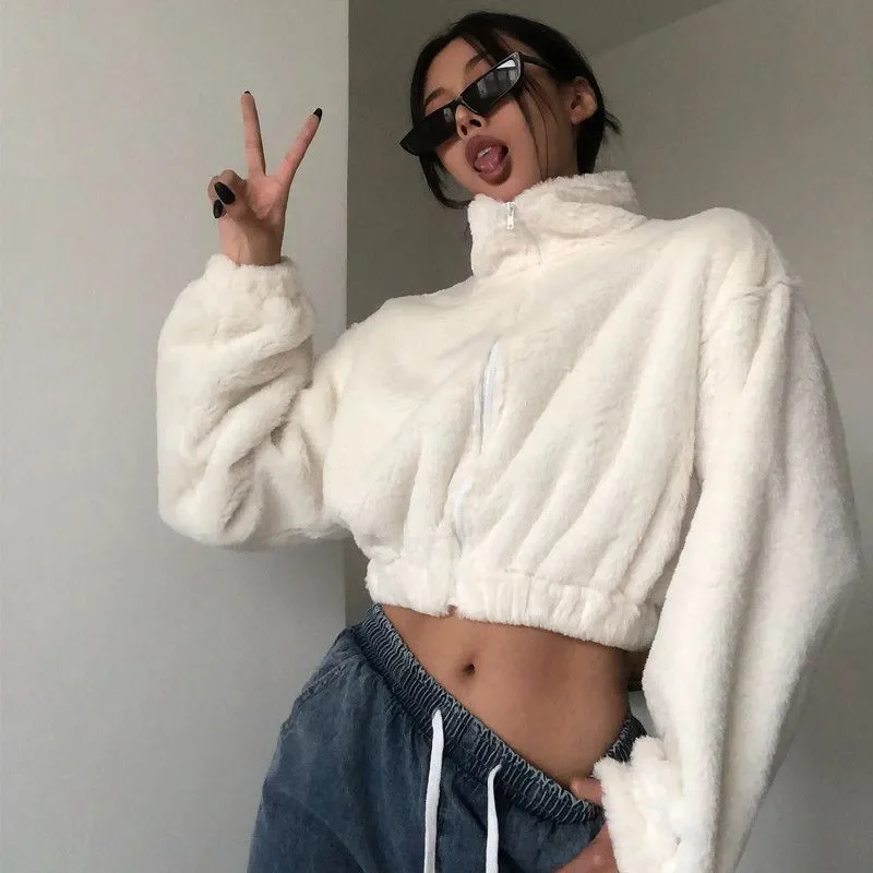 2024 White Cropped Jacket Women Korean Fashion Streetwear Warm Winter Short Fluffy Coats Long Sleeve Sweatshirts