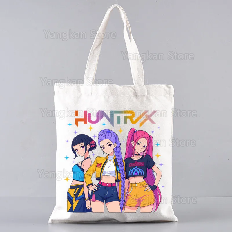 KPop شيطان الصيادين زوي رومي ميرا طباعة حقيبة تسوق قابلة لإعادة الاستخدام المرأة قماش حمل الحقائب الطباعة ايكو الكرتون المتسوق حقائب كتف