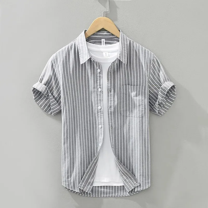 

Men's Summer ort Sve Slim Fit irt Thin Flip Collar Workwear Casual Striped Pattern Youth Faion Lightweight Outerwear