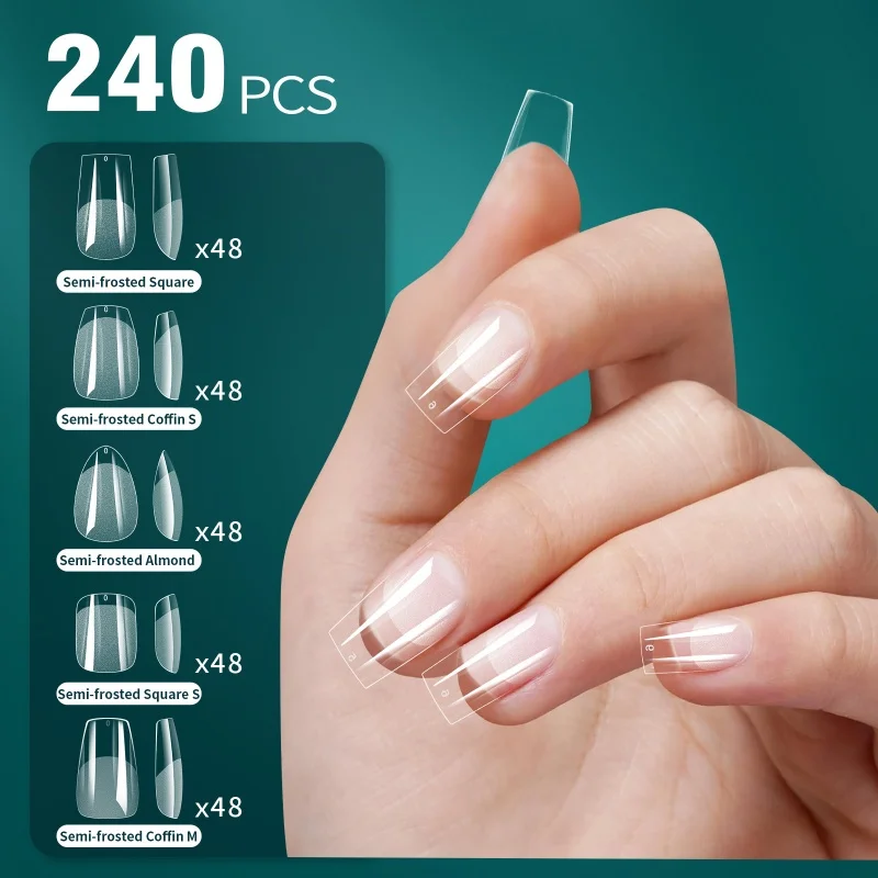 Soft Gel Nail Tips 240PCS Pre-Buff Full Cover Coffin Almond Oval Shaped Nail Extenison Tips Half Matte Gel X Fake Nails