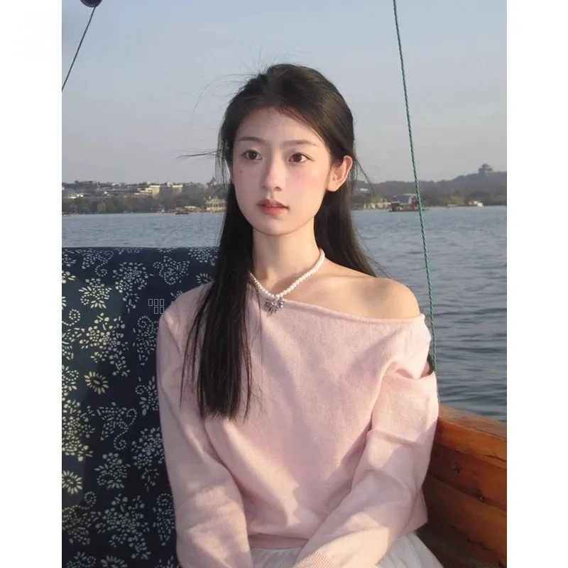 

Sli Slimming Sweet Pure Desire oulder Bared Slant Collar Knitwear Women's Autumn Winter Long Sve Base Layer Top Trendy