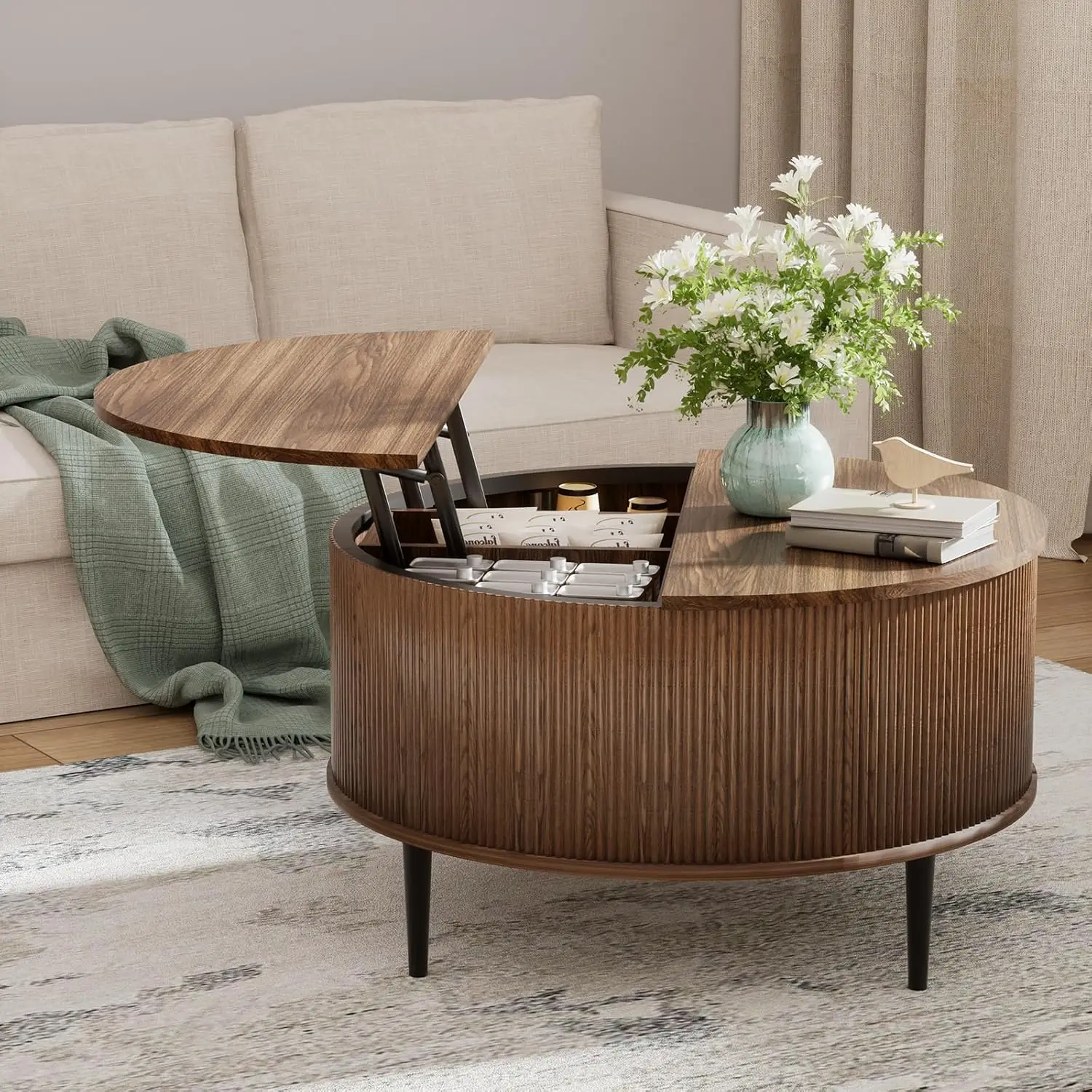 Round Coffee Table With Storage, 31.5" Lift Top Coffee Table，Fluted Modern Wooden Center Table For Living Room, Small Space