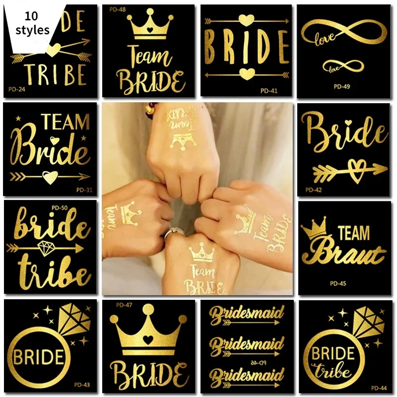 1Pc/10Pc Bachelorette Party Team Bride Bridesmaid Tribe Squad Temporary Tattoo Night Golden Sticker Bride To Be Wedding Supplies