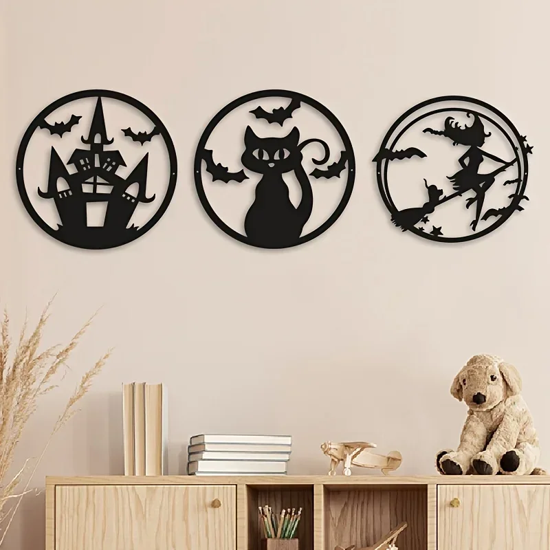 CIFBUY Deco Metal Home Decoration Halloween Witch Cat Bat Castle Pattern Frameless Pendant Creative Iron Art Metal Wall Hanging